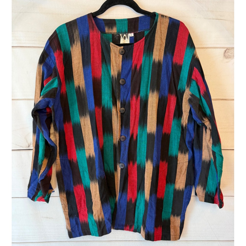 Arise Guatemalan Ikat Woven Cotton Jacket Multi Color Stripe Button Front Medium